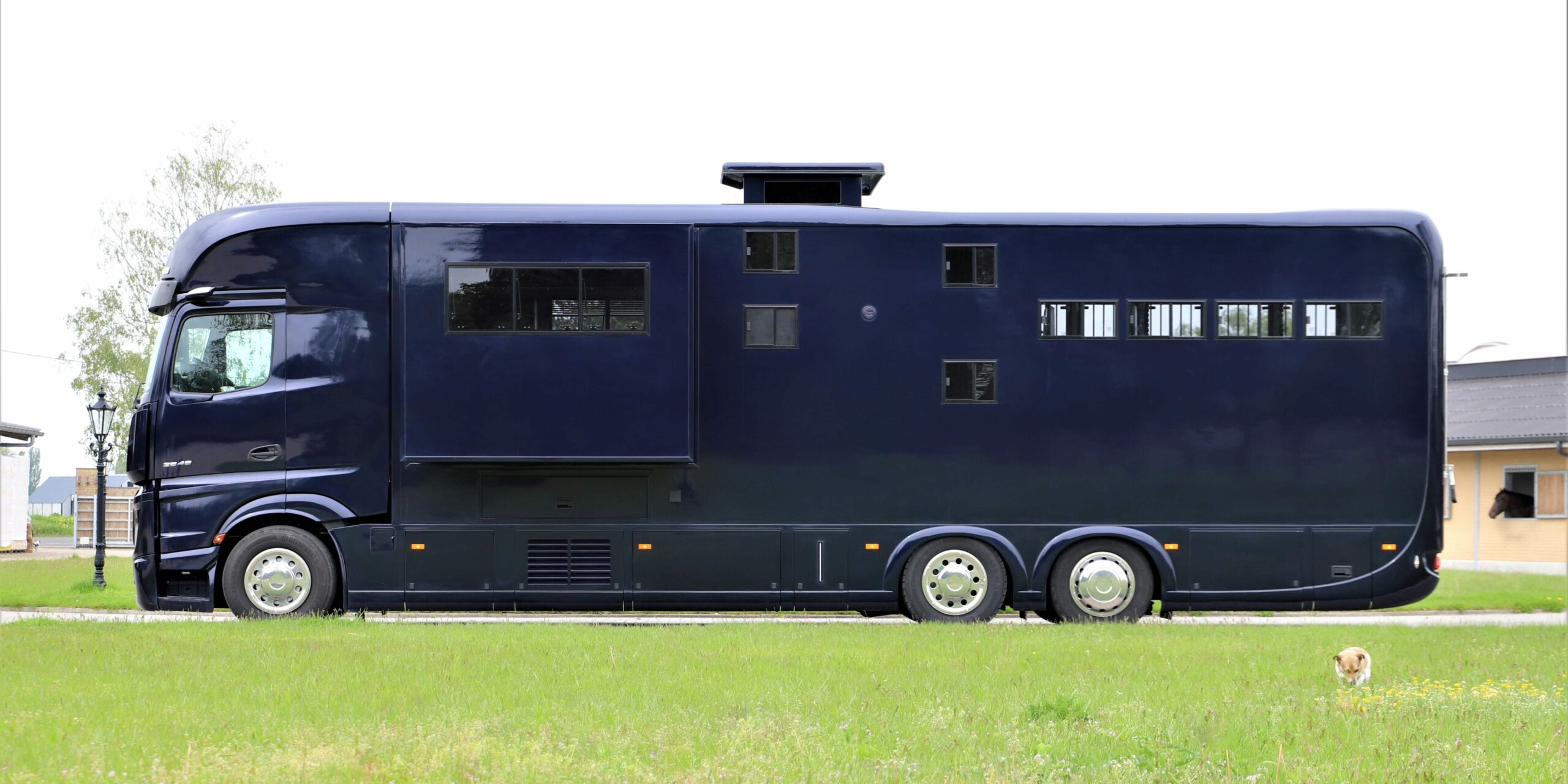 Zijkant van een Krismar paardenvrachtwagen in een donkerblauwe kleur met uitgeschoven pop-out.